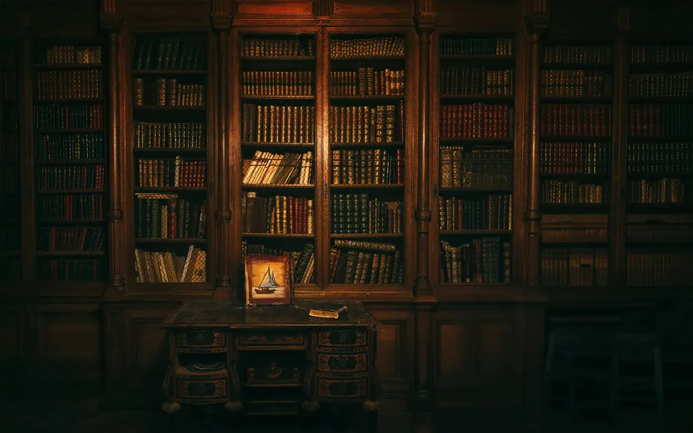 A warm, dimly lit library of old books