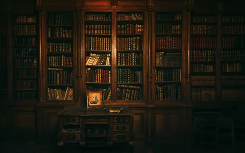 A warm, dimly lit library of old books
